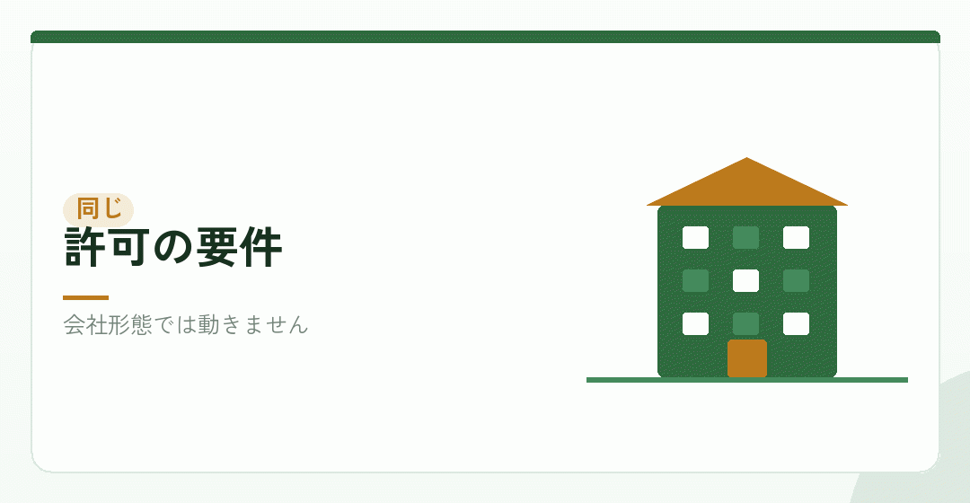 許可の要件が会社形態で変わらないことを表したイラスト